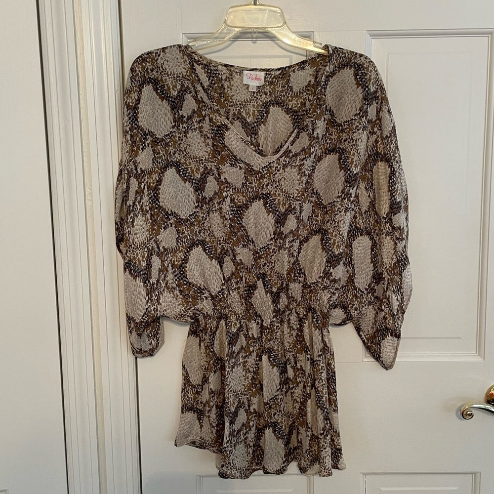 Snake print mid length tunic with elastic cinched waist